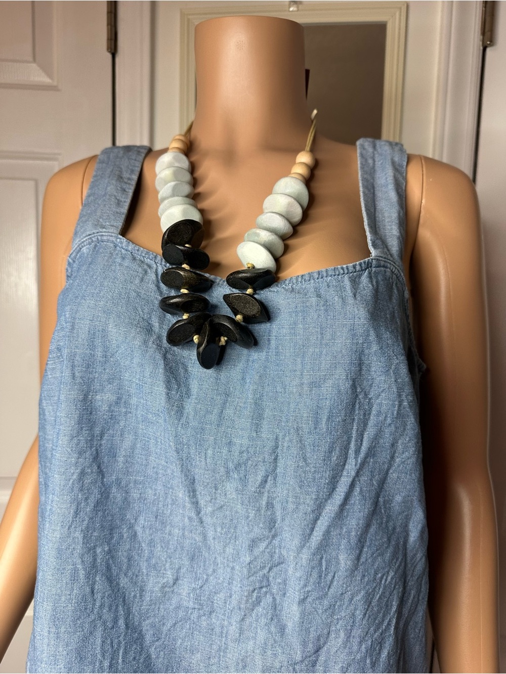Boho Wooden Statement Necklace Blue Black Beaded Adjustable Cord Necklace